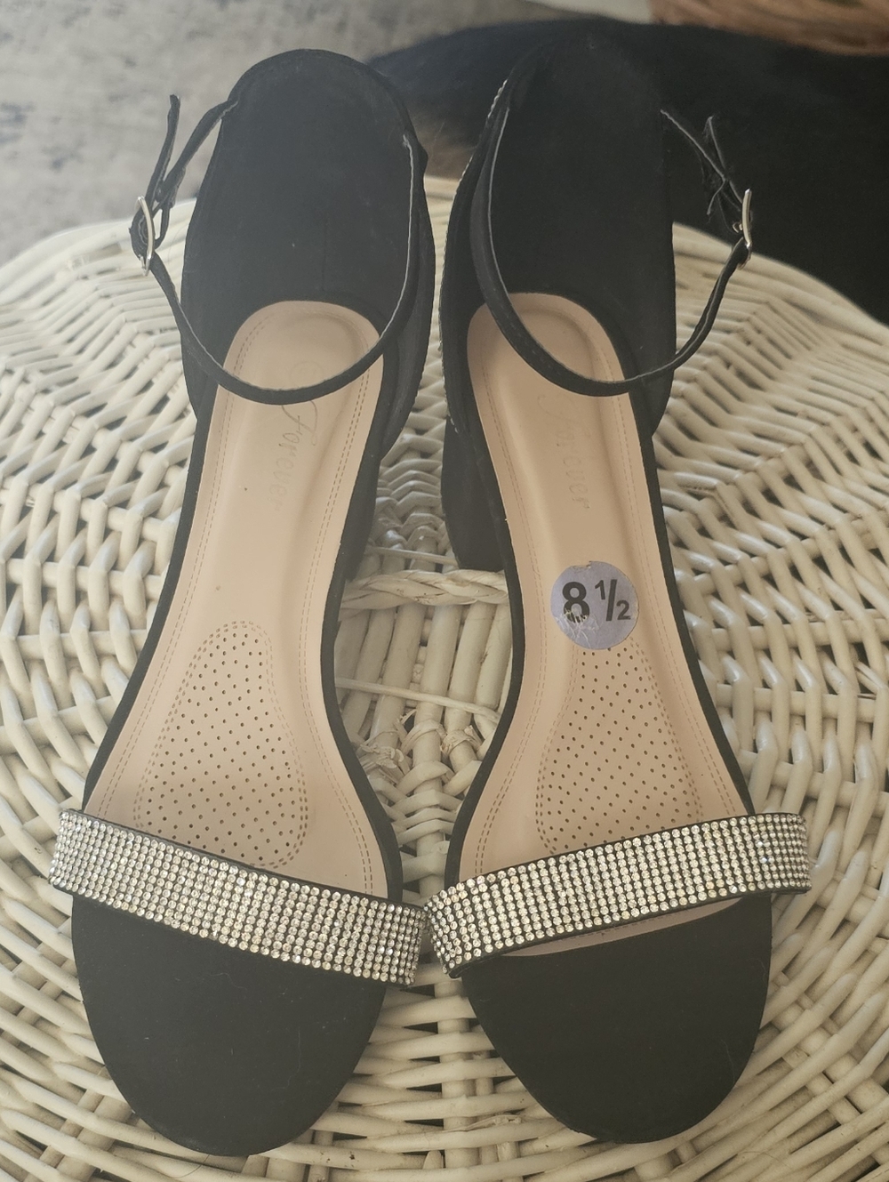 Forever Black Ankle-Strap Heels with Rhinestone Front Band